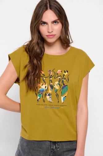 Funky Buddha γυναικείο βαμβακερό T-shirt μονόχρωμο με African girls print μπροστά - FBL007-185-04 Λαδί